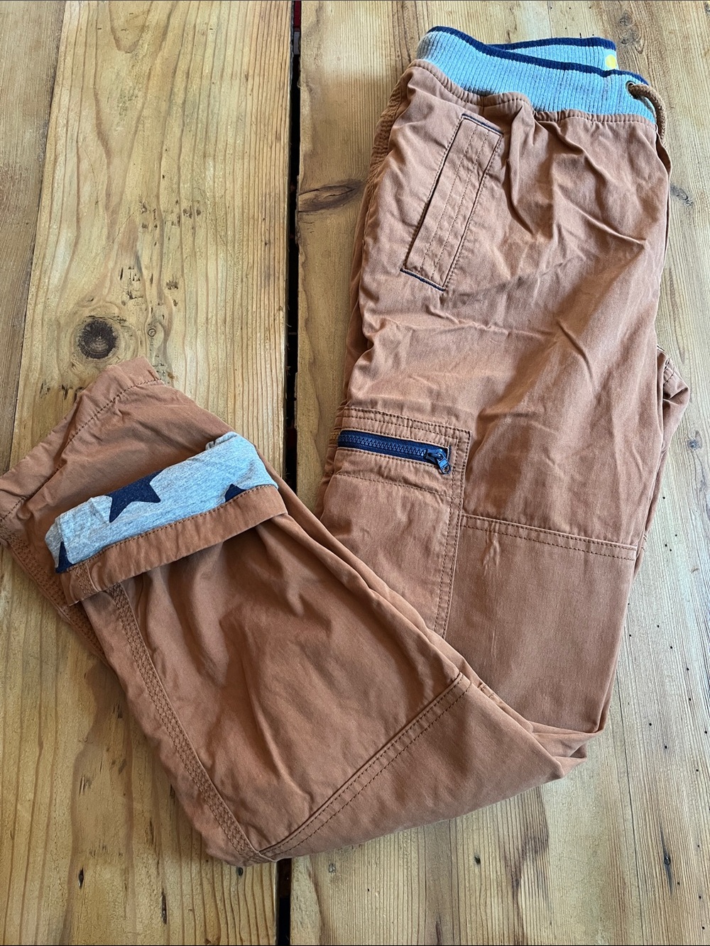 MINI BODEN 12 Brown Navy Cotton Lined Cargo Pants Stars